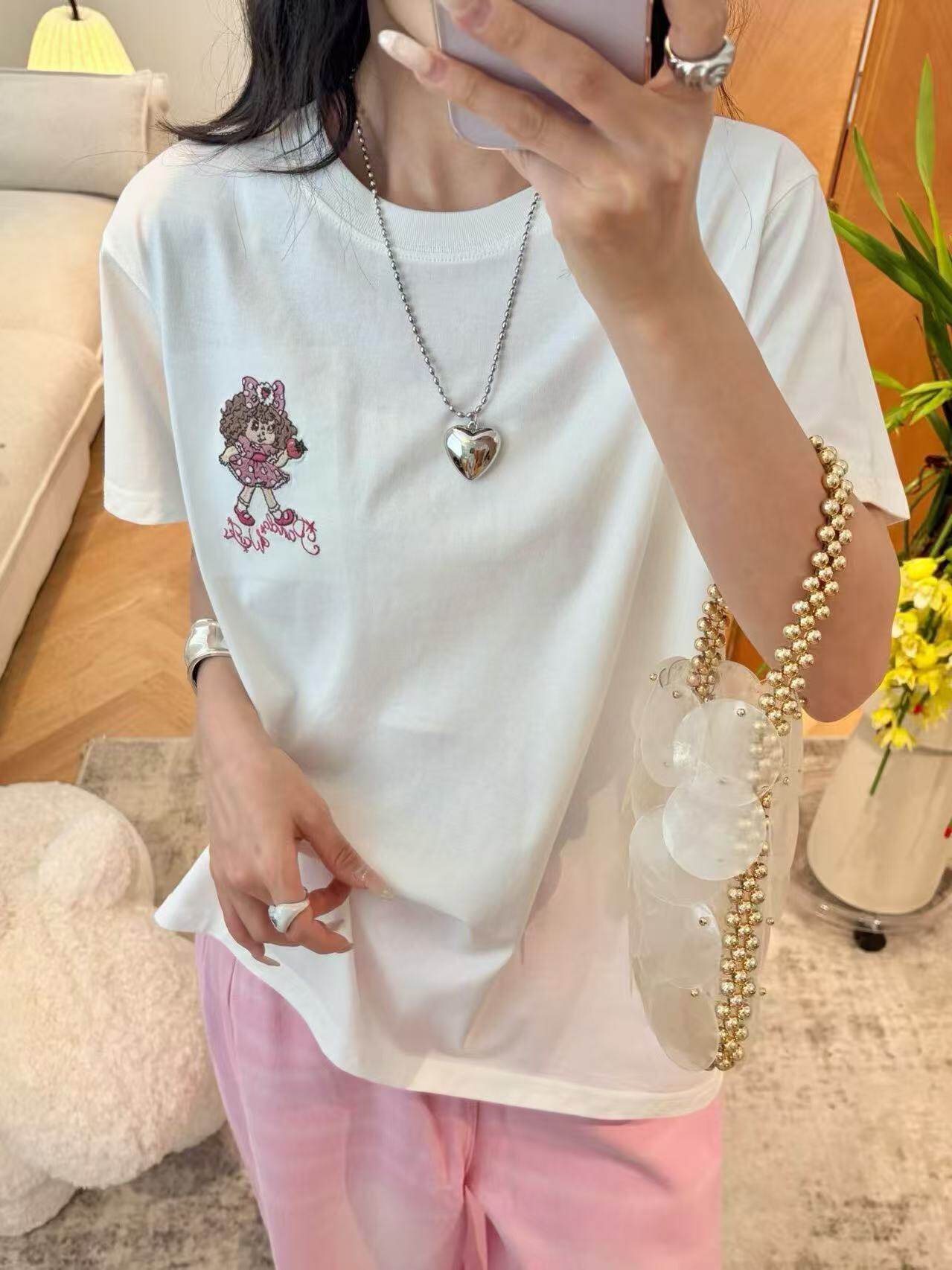 Pandawarks熊猫纸袋26245草莓女孩重工刺绣纯棉圆领短袖T恤宽松夏