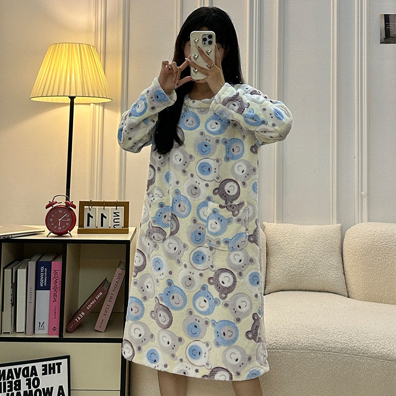 睡衣女士冬季法兰绒睡裙加绒保暖可爱加厚韩版中长款珊瑚绒连体