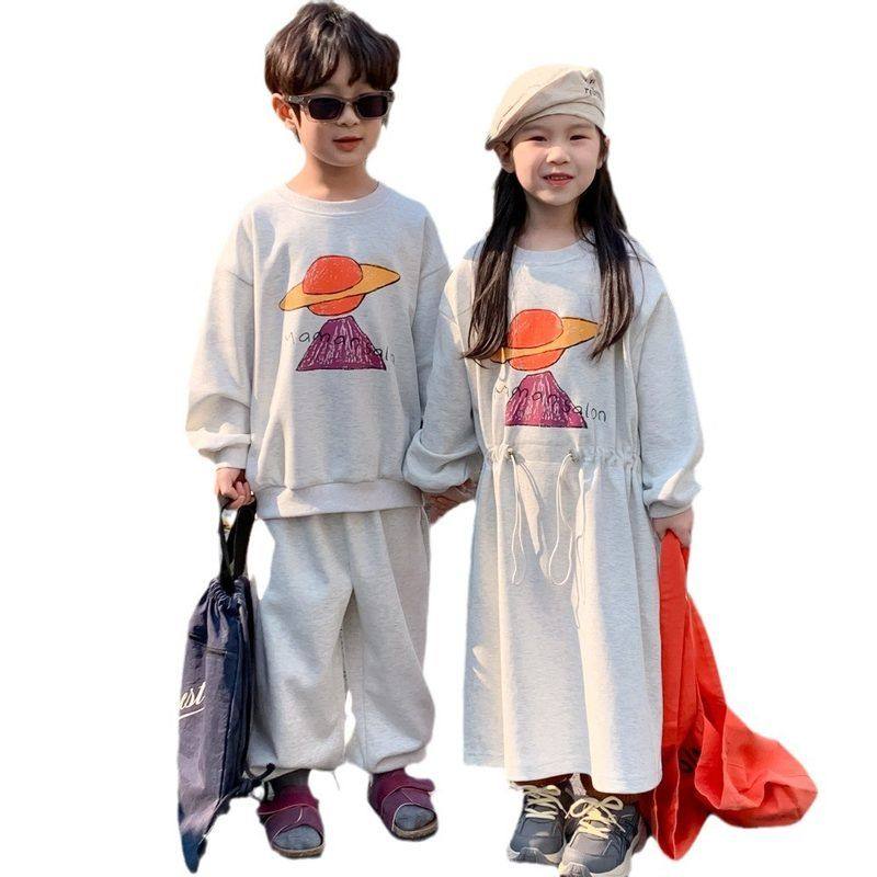 韩版儿童连衣裙男抽绳2024印花装兄妹套装秋款休闲卫衣女童卡通童,童装/婴儿装/亲子装,套装,淘宝优惠券,粉丝福利购,淘宝优惠卷