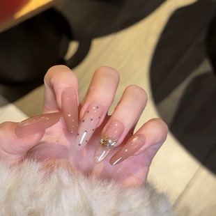 太妃糖纯手工穿戴甲奶油咖啡焦糖感显白法式 猫眼带钻美甲 中长款