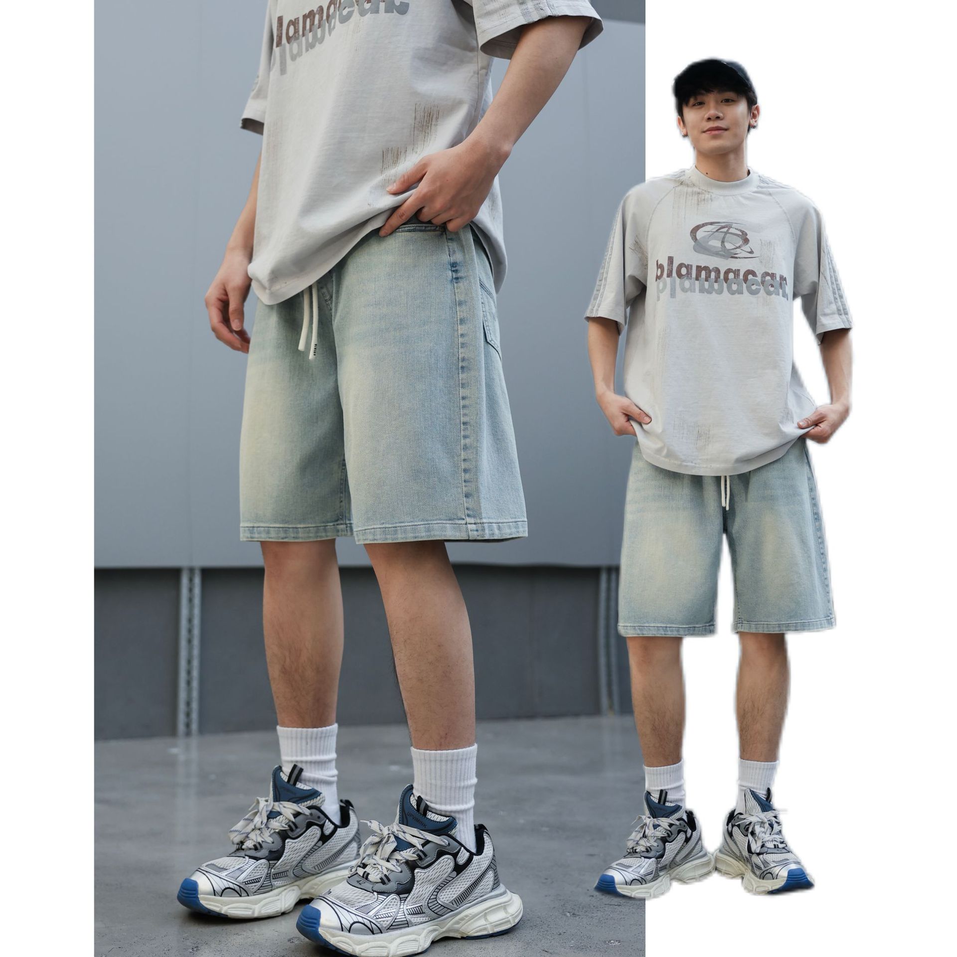 越位2025牛仔短裤男童夏季潮牌初高中学生时尚松紧腰宽松休闲五分