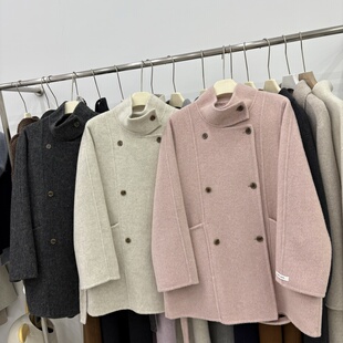 2025秋冬新款韩版双面羊绒大衣中长款立领宽松显瘦系带羊毛外套女