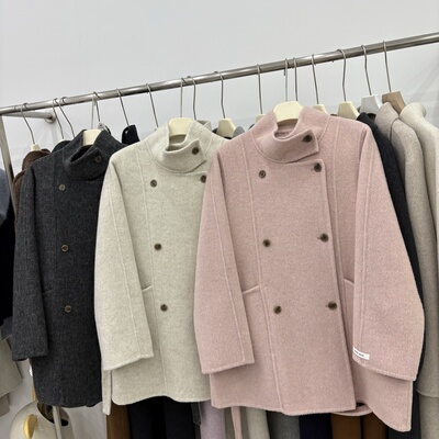 2025秋冬新款韩版双面羊绒大衣中长款立领宽松显瘦系带羊毛外套女