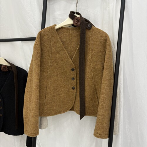 2025秋冬新款韩版双面羊绒大衣女短款宽松v领小个子羊毛外套女