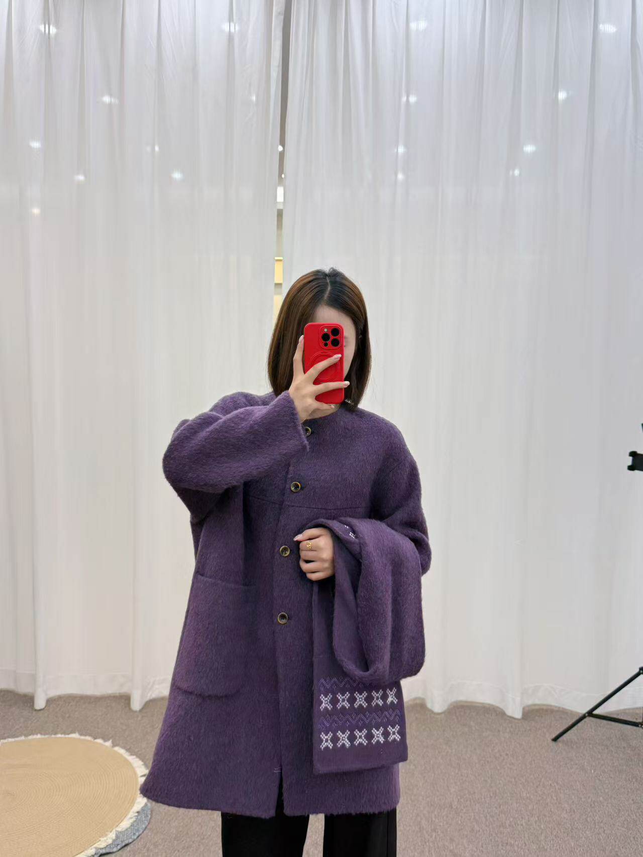 2026秋冬新款韩版宽松圆领可拆卸围巾双面羊毛大衣女设计感外套
