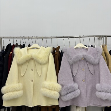 富家千金双面羊绒大衣狐狸毛大翻领2025秋冬新款中长款羊毛外套女