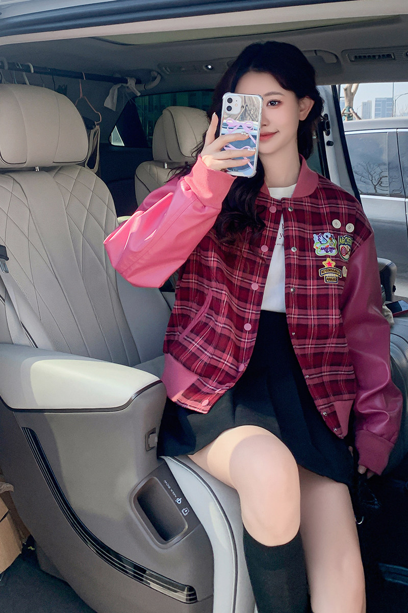 大货！春装格子拼接棒球服短外套2C132-709-P145-198,女装短外套,2C132