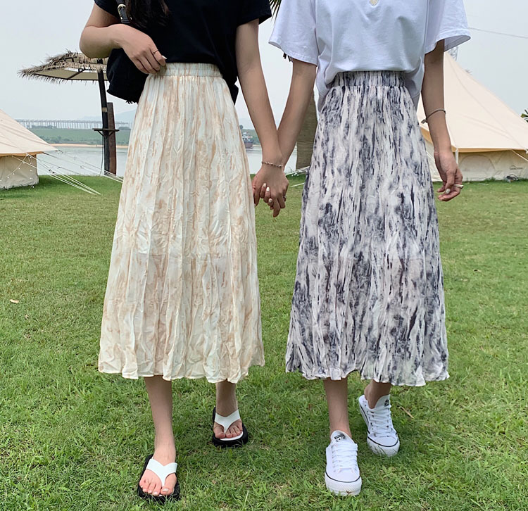 Real price ~ 2021 summer new Korean elastic waist cover over ink printing pleated skirt mid length skirt