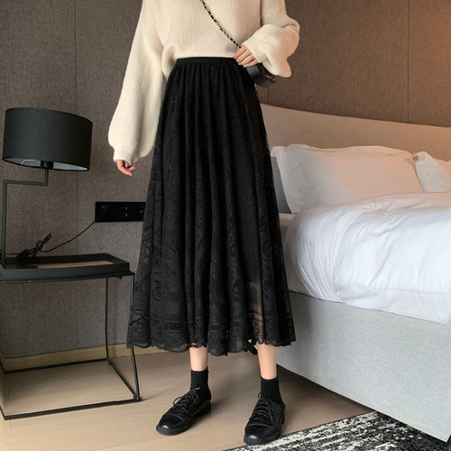 Real price ~ 2021 Korean version elastic waist medium and long lace skirt, versatile half skirt, umbrella skirt, large swing skirt, female