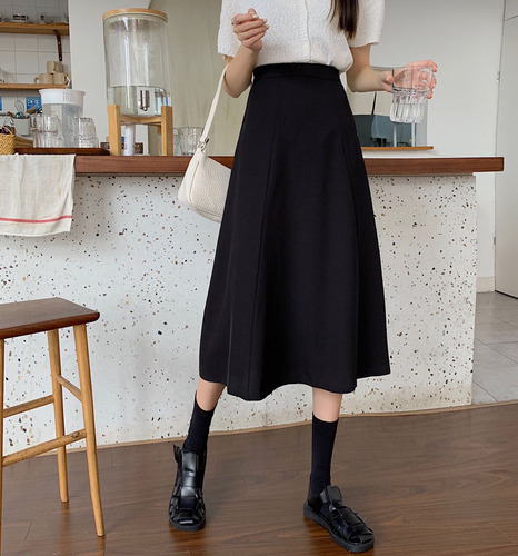 Actual shot ~ 2024 new Korean style high-waisted slimming mid-length a-line skirt solid color over the knee versatile skirt for women