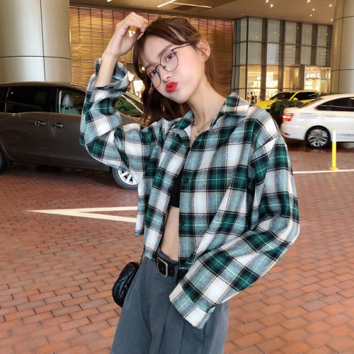 Real shot ~ 2023 new Korean style shirt plaid long sleeve short cardigan jacket student slimming top