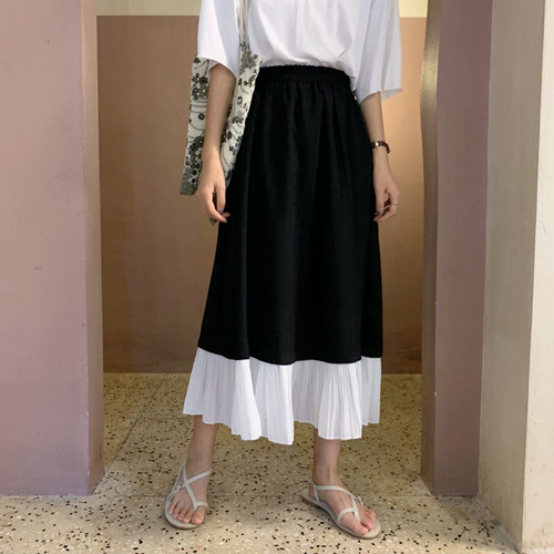 Actual real price~2023 Korean version loose high waist thin pleated skirt women's mid-length A-line skirt splicing skirt