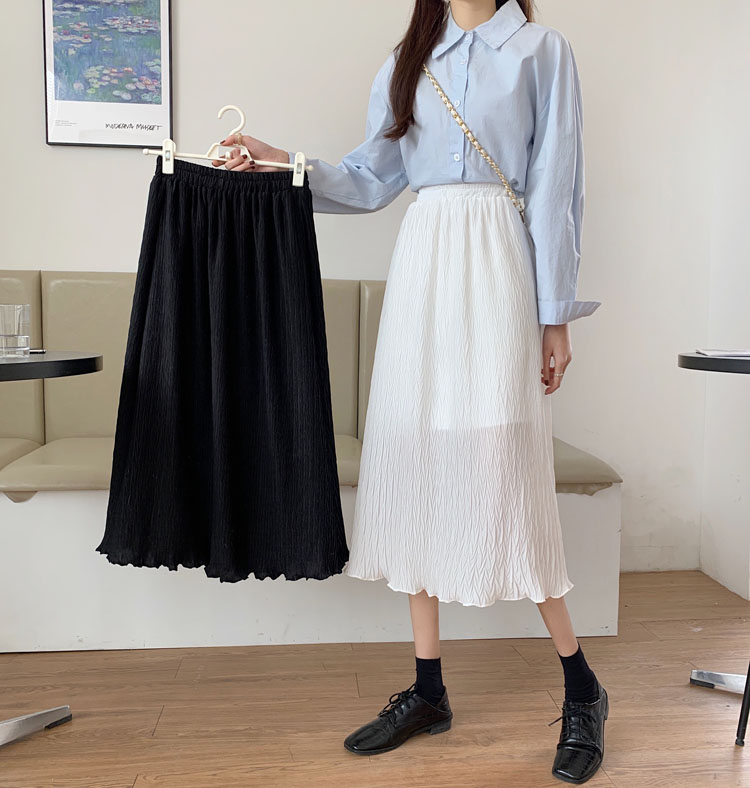 Real price ~ 2021 new Korean medium length pleated skirt with elastic waist and thin A-line skirt