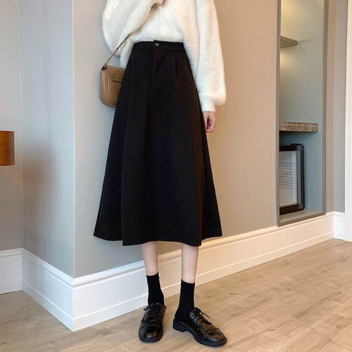 Real shooting and real price ~ 2021 new Korean woolen skirt with elastic waist and girls' medium and long A-line skirt