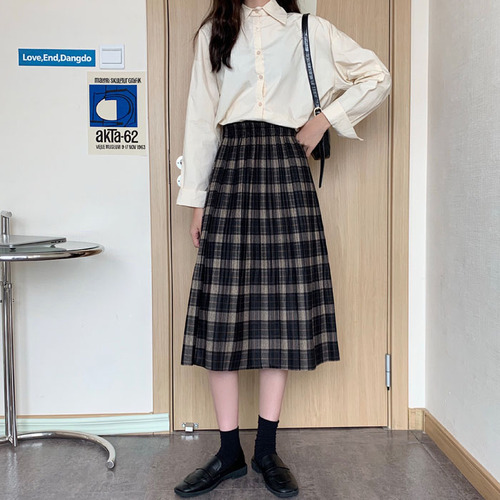 Real shooting and real price ~ New Korean version elastic waist medium and long Plaid pleated skirt A-line skirt half skirt female