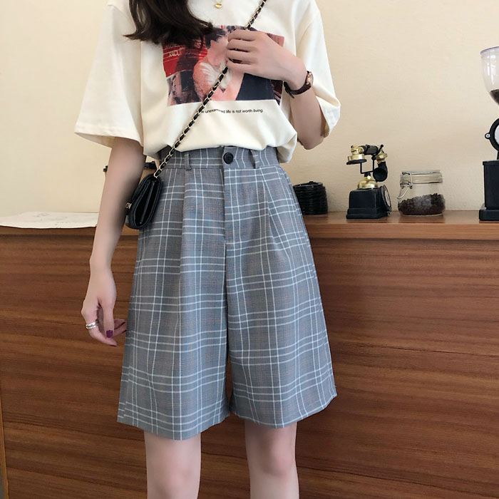 Real price ~ 2021 spring new Korean half elastic waist Plaid suit pants, wide leg pants and straight pants