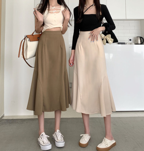 ~2023 new Korean style design semi-elastic waist mid-length skirt A-line skirt trendy for women