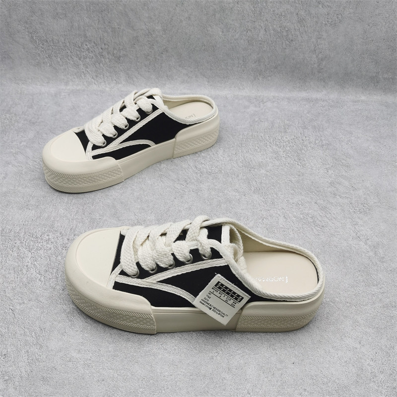 诺曼町女鞋2023春夏款厚底懒人一脚蹬包头半拖鞋女百搭休闲帆布鞋