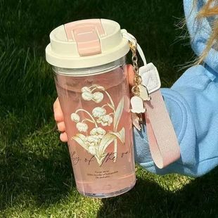 女生ins高颜值吸管耐高温塑料水杯夏季 铃兰花水杯2025新款 水杯子