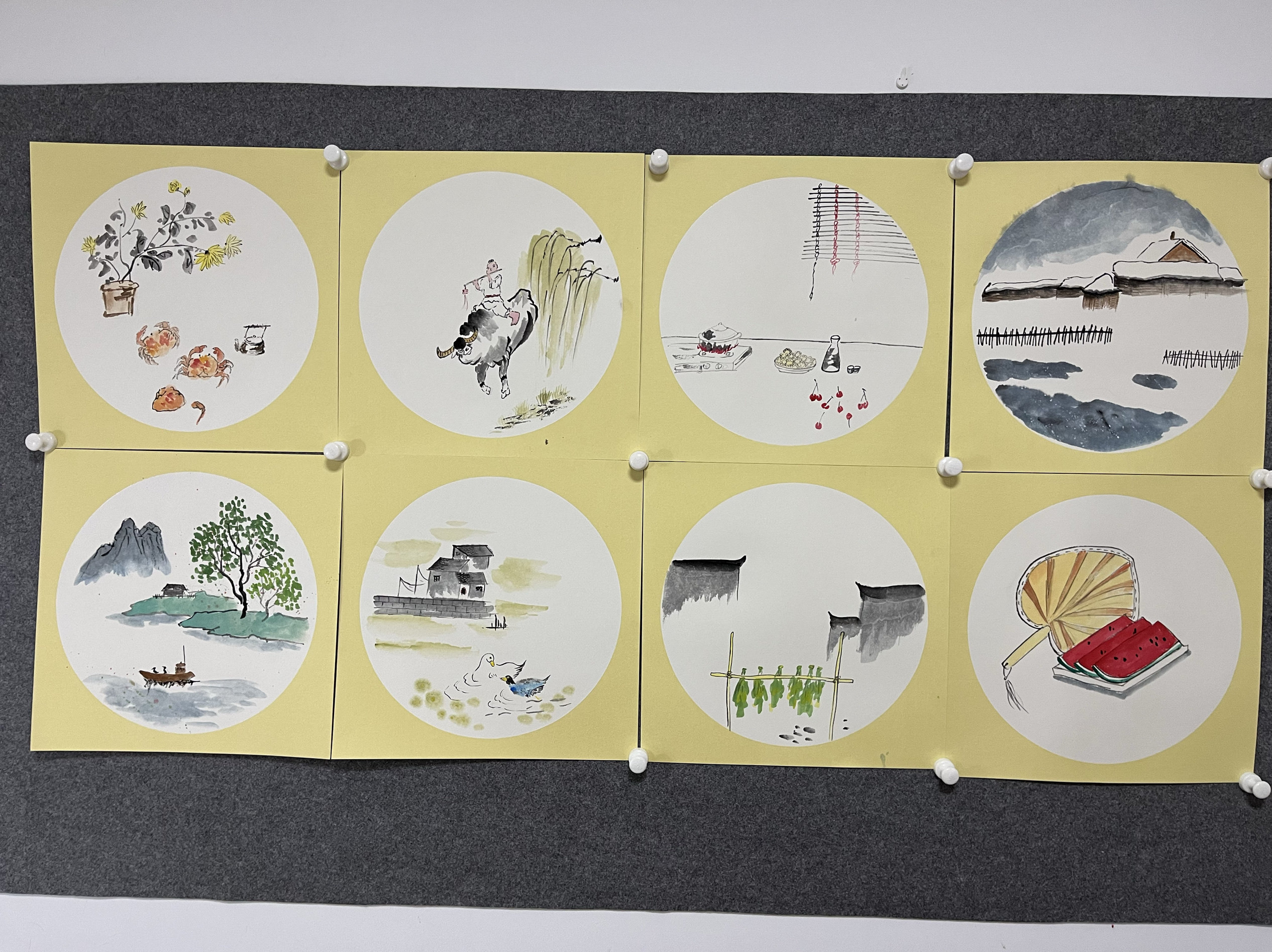 手绘国画卡纸二十四节气图装饰画风景画学校走廊办公室幼儿园挂画