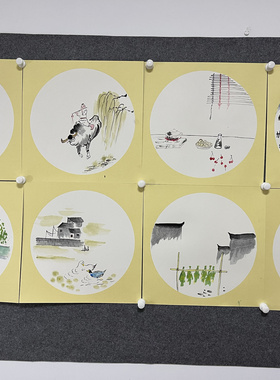 手绘国画卡纸二十四节气图装饰画风景画学校走廊办公室幼儿园挂画