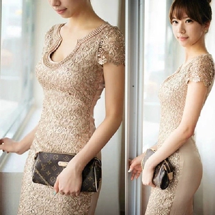 夏爆款蕾丝罩面纯重磅真丝性感修身显瘦宴会晚礼服连衣裙