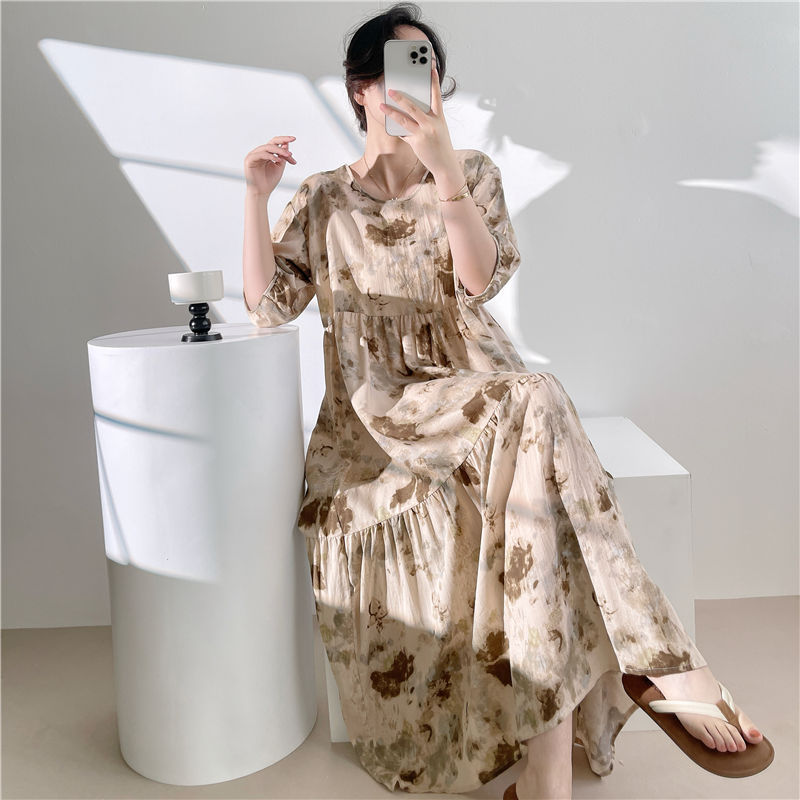棉绸睡裙女夏季薄款中袖超长碎花连衣裙大码国风人造棉睡衣家居服