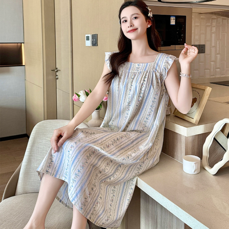 棉绸睡裙女夏薄款无袖条纹连衣裙大码学生可外穿人造棉睡衣家居服