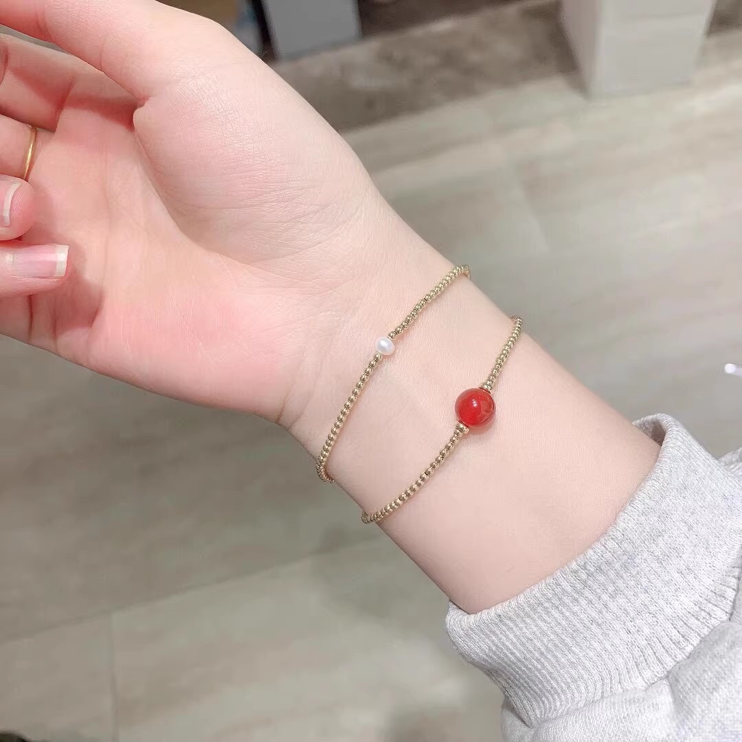 14k包金小金珠天然红玛瑙珍珠简约细手链韩版女手链