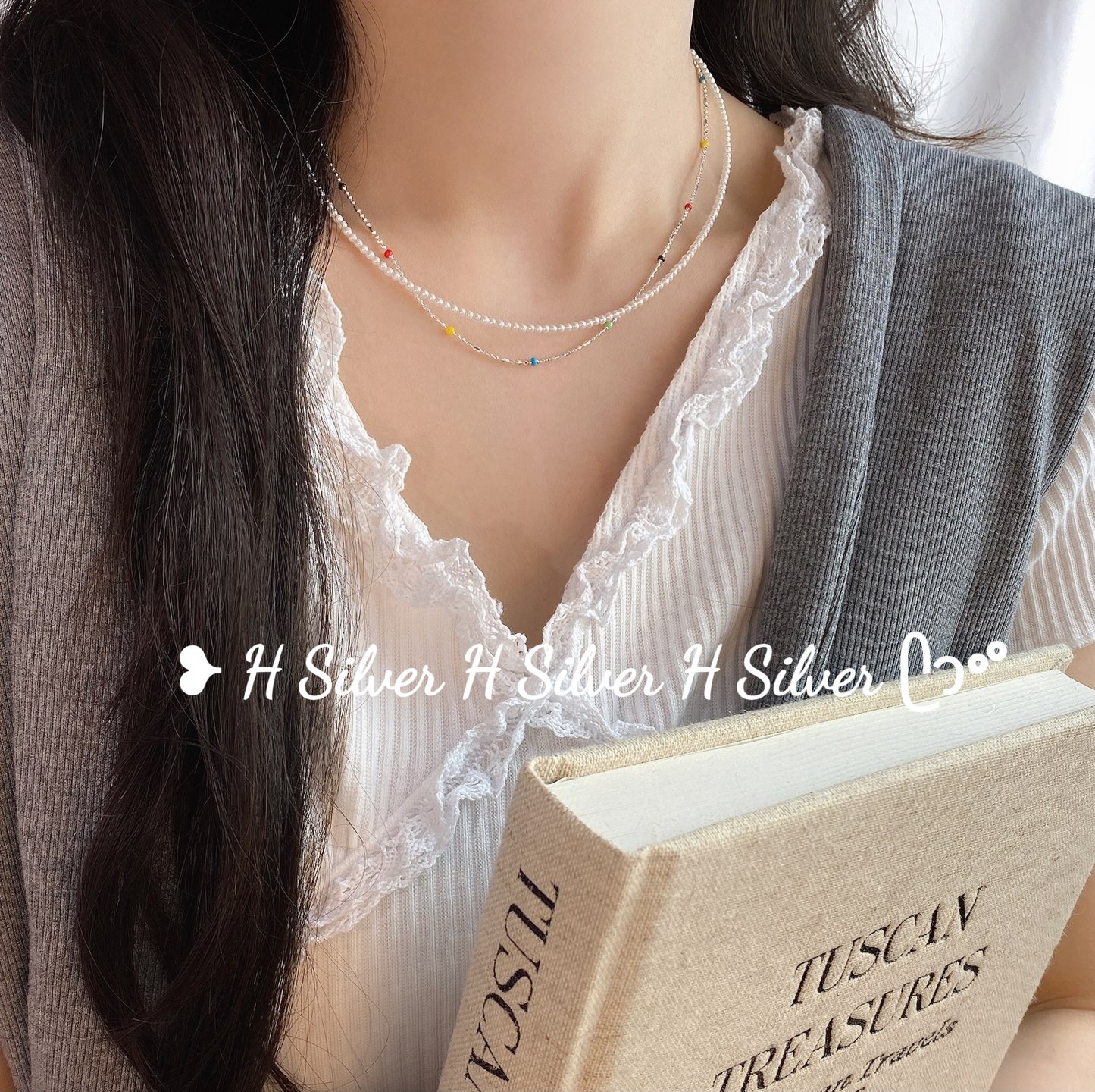 s925纯银韩版ins风糖果色小闪珠双层设计贝珠女款项链