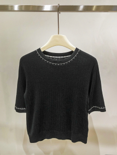 EverUnique夏装 黑色针织衫 100%桑蚕丝亲肤撞色半袖 2577 新款