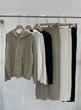 EverUnique秋冬款羊绒扭花连帽毛衣长裤针织套装QX-3395