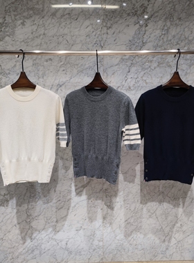 EverUnique春夏新款纯羊毛女装TB条纹短袖圆领针织衫T恤QX-3649