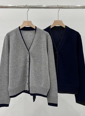 EverUnique秋冬新款女装羊绒撞色V领宽松毛衣外套QX-3544