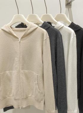 EverUnique秋冬新款女装纯羊绒连帽口袋拉链针织衫开衫外套YL-099