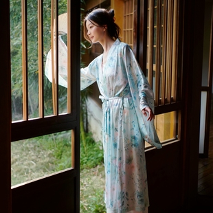 国风睡袍印花浴袍家居服茶服缎面女 璟璃绿野仙踪新中式