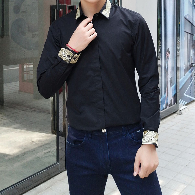 3新款高端领口袖子万针金丝绣刺男士衬衫潮牌商务纯色免烫长袖衬衣