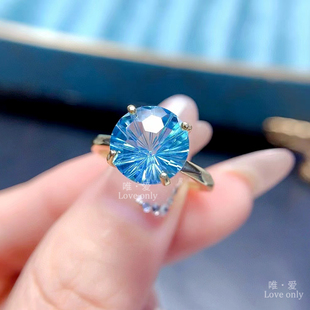 新品 s925纯银镶天然天空蓝托帕石火彩足四爪女戒开口时尚 饰品指环