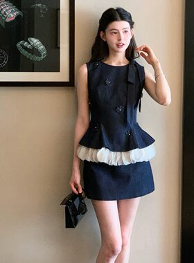 杨小卷同款莱赛尔亚麻牛仔套装女高智千金荷叶边无袖收腰上衣裙裤