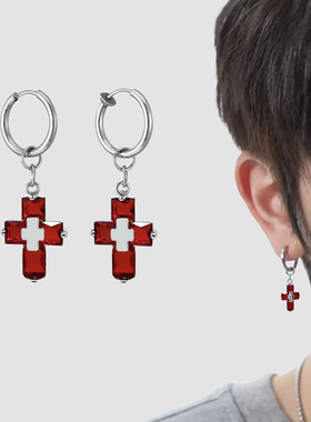 无耳洞红色锆石十字架耳夹耳环女316钛钢耳钉耳坠男高级感中性风