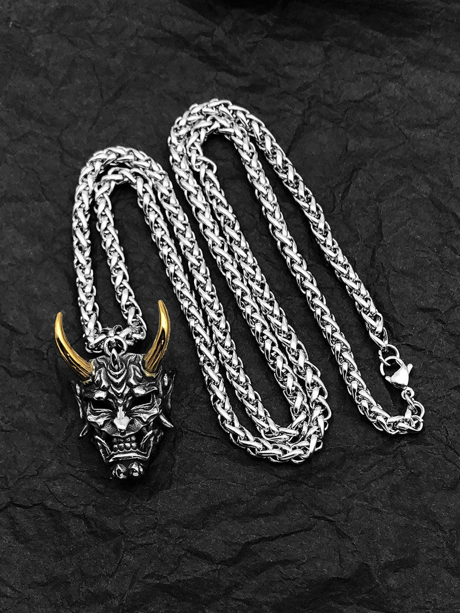 Dark Wind Golden Horn Prajna Necklace Men's Tide Titanium Steel Goblin Mask Pendant Hip Hop Handsome Exaggerated Sweater Accessories Long