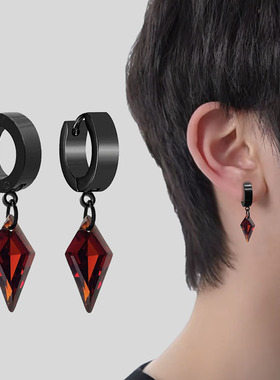 无耳洞红色锆石耳夹耳环男士风筝石菱形耳坠秦彻耳饰女暗黑哥特风