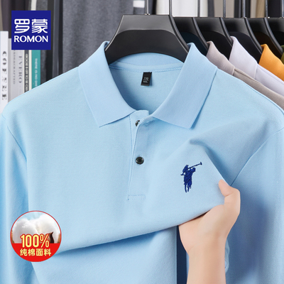 罗蒙春秋新款纯棉长袖polo衫男士商务休闲亲肤舒适刺绣翻领t恤男