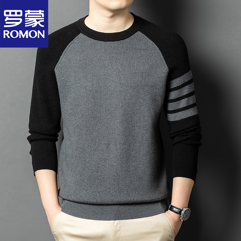罗蒙春秋新款拼色套头圆领针织衫