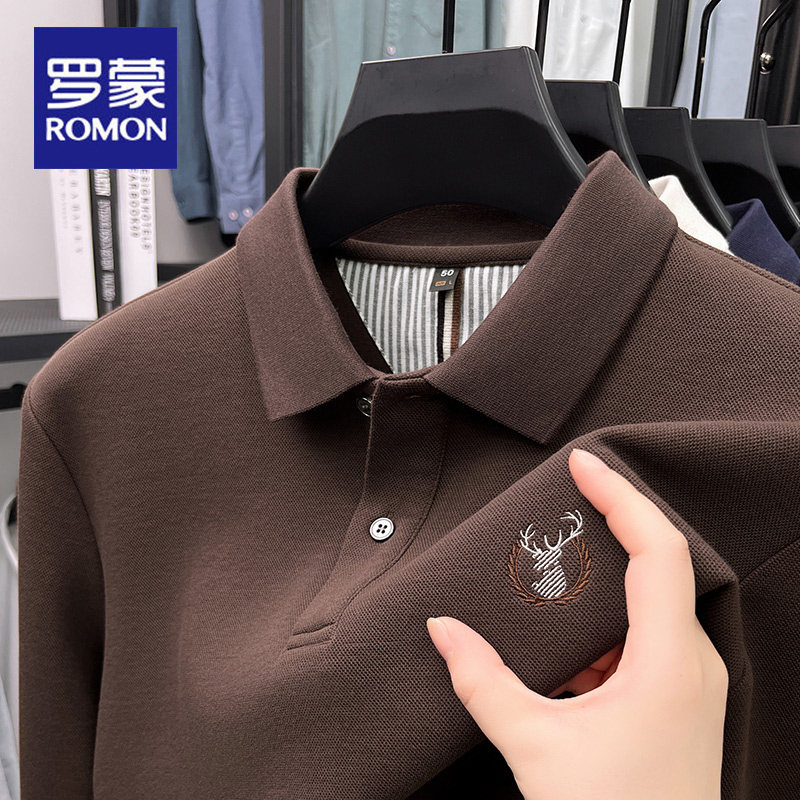 罗蒙胸前绣花棉弹POLO衫男长袖2026春秋季新款纯色T恤休闲爸爸装