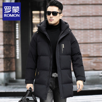 罗蒙休闲商务连帽中长款羽绒服男