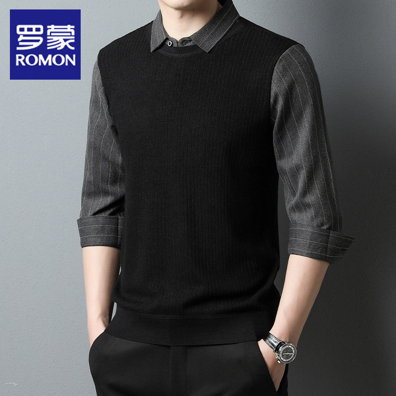 罗蒙竖条纹假两件T恤男拼接衬衫领2026春季新款中年商务休闲上衣
