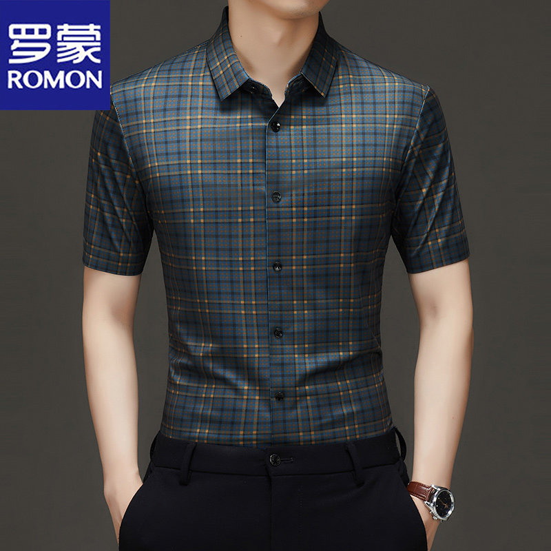 罗蒙夏季新款短袖衬衫男士薄款冰丝无痕高端抗皱免烫休闲格子衬衣