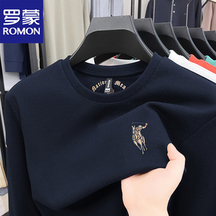 罗蒙高端马标卫衣男春秋季圆领长袖T恤休闲潮流套头内搭刺绣上衣