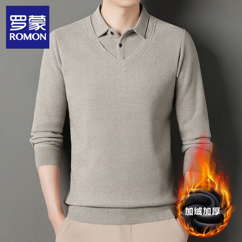 罗蒙冬季新款加绒保暖针织衫男